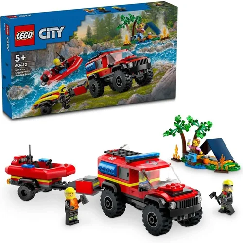 لگو سری سیتی مدل کامیون آتش نشانی 4x4 با قایق نجات 60412 - LEGO City 4x4 Fire Truck with Rescue Boat 60412