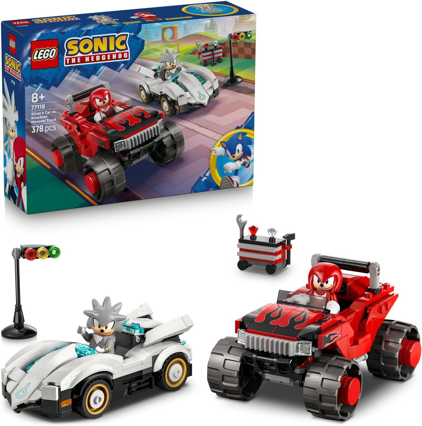 لگو سری سونیک مدل ماشین نقره‌ای جوجه تیغی در مقابل کامیون ناکلز ۷۷۱۱۸ - LEGO Sonic the Hedgehog Silver's Car vs. Knuckles' Truck 77118